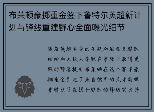 布莱顿豪掷重金签下鲁特尔英超新计划与锋线重建野心全面曝光细节
