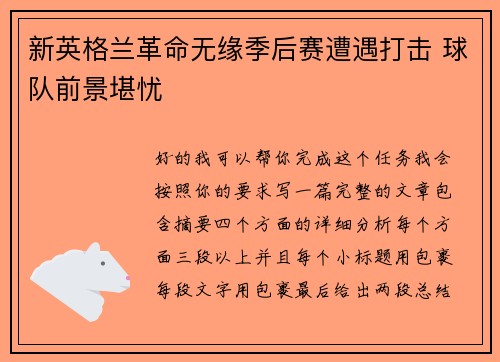 新英格兰革命无缘季后赛遭遇打击 球队前景堪忧 新英格兰革命无缘季后赛遭遇打击 球队前景堪忧